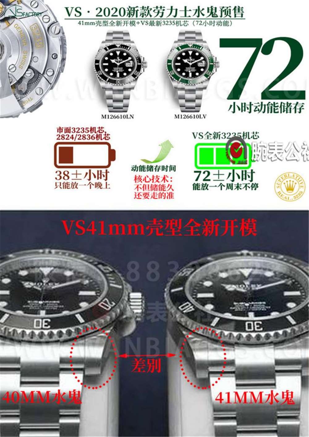 VS厂劳力士41mm水鬼「72小时机芯」新款预售 第3张